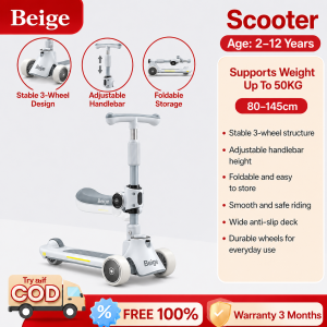 Beige Scooter For Kids 3 in 1 Foldable Kids Scooter Light & Music Adjustable Height folding scooter