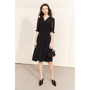 AMII | Stylish Chiffon Off-shoulder V-neck Waist-cinched Puff Sleeve Little Black Dress