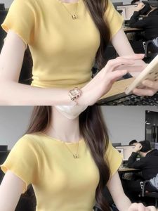 Yellow Ice Silk Knitted Short Sleeve T-Shirt Womens Summer Dopaamine 2025 New Style Slim Fit Short Top Creative Pattern