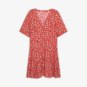 ชุดเดรสผ้าชีฟองคอวีสไตล์ฝรั่งเศส กระโปรงสั้นเข้ารูป เอวเข้ารูป ลายดอกไม้ ชุดเดรสผู้หญิงฤดูใบไม้ร่วง แฟชั่นสตรี