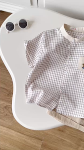 Set bộ sơ mi nâu gấu Lucky áo cổ trụ tay ngắn caro kèm quần short bé trai 11đến 28kg BERNIE H0326B05