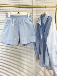 Bộ Đồ Hai Mảnh Áo Sơ Mi Và Quần Short Màu Tím Rộng Rãi Thoải Mái Cho Nữ Mùa Xuân 2024 Cổ Polo Tay Dài Màu Xanh Lam