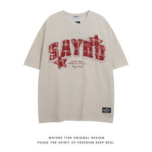 MOISHE TIDE American Letter Star Embroidery Short Sleeve T-Shirt Mens Summer Loose Casual Tee Cotton Youth Fashion