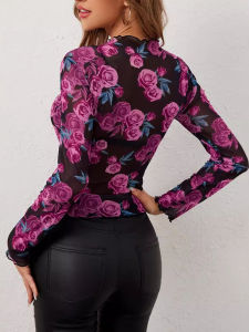 Áo Thun in Họa Tiết Cổ Đứng Lưới Nhỏ Áo Thun Dài Tay Thường Xuyên Thời Trang Đường Phố Mùa Hè 2025 Áo Thun Nữ