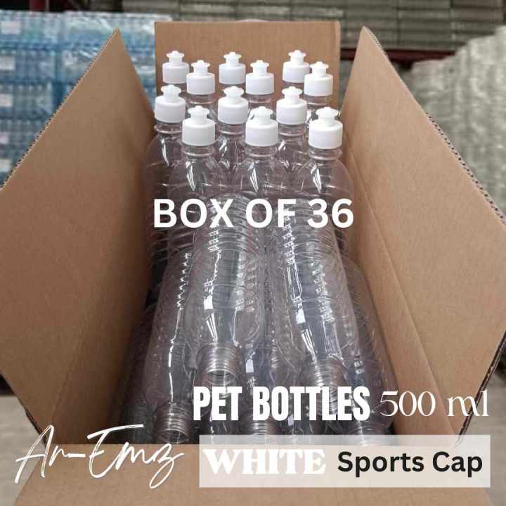 ArEmz Box of 36 Empty Clear Plastic Bottles With White Sportscap For