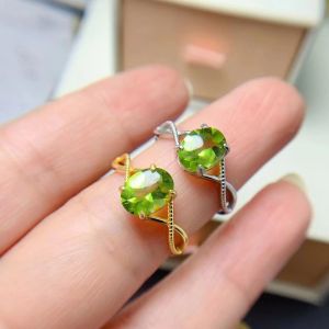 Adjuatable Size Wedding Ring for Women's Gift Anniversary Simple Design Yellow Gold Plated Natural Genuine Peridot with Certificate Real 925 Original Sterling Silver 9x7mm