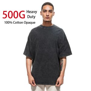500G Heavy Pure Cotton American Retro Batik Washed Distressed T-shirt Fashion Brand Mens Loose Couple Short Sleeve