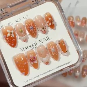 10/30Pcs Coral Ombre Almond Press On Nails 3D Jelly Flower Starfish Pearls Handmade Fake Nails Tropical Summer False Fingertips
