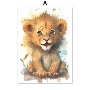 Watercolor Lion Giraffe Tiger Elephant Zebra Nursery Wall Art Canvas Painting Animal Poster Prints Pictures Baby Kids Room Decor