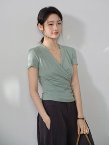 Green Tencel Wool Blend T-shirt V-Neck