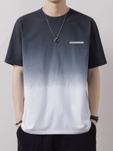 Summer Mens Cotton T-Shirt Ice Silk Half Sleeve Gradient Color Loose Fit Breathable Short Sleeve round Neck Brand Logo Print