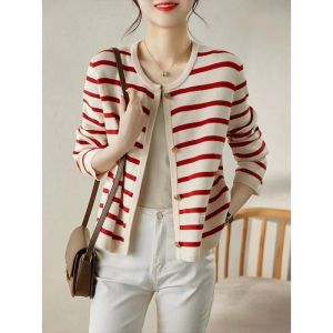 French Style Striped Long Sleeves Knit Cardigan Winter