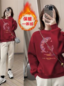 เสื้อฮู้ดผู้หญิงผ้าฝ้ายแท้พิมพ์ลายตัวอักษรแบบหนาและอบอุ่นสำหรับฤดูใบไม้ร่วงและฤดูหนาว เสื้อฮู้ดคอกลมแขนยาว ปกติ