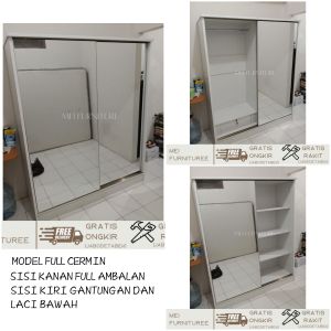 Lemari pakaian pintu sliding 2 pintu full cermin frameless - Lemari baju