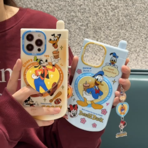 Cute cartoon duck flip love mirror phone case for iPhone 11 12 13 14 15 16 Pro Max Comes with a hanging chain anti fall soft cover casing for iPhone13 case