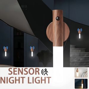 Wood Grain Smart Night Light Motion Sensor Magnetic LED Light Rechargeable Wireless Table Lamp Corridor Wall Lamp