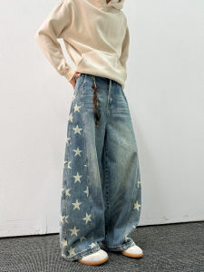 กางเกงยีนส์ทรงหลวมสไตล์อเมริกันย้อนยุคพร้อมการพิมพ์ลายดาว กางเกงขายาวทรงหลวมสไตล์สตรีทสำหรับผู้ชาย กางเกงยีนส์ทรงหลวมสบายๆ สำหรับฤดูใบไม้ร่วง