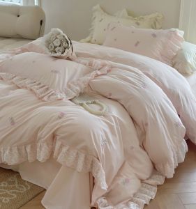 French Washed Cotton Bedding Set Princess Style Four-Piece Suite Duvet Cover Sheet Bed Skirt for Teenage Girls Moisture Wicking