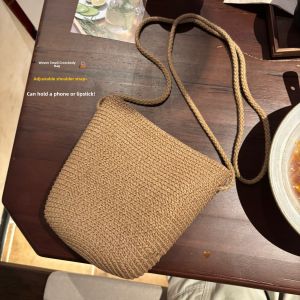 Handwoven Straw Bag Mini Shoulder Bag for Holiday Beach Walking Mobile Phone Bag Bucket Shape Pure Color Casual Scene