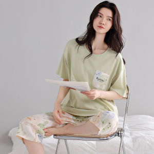 miiow | Pure Cotton Short Sleeve Sleepwear Set With Chest Pad Womens Summer New Style Outwear Home Clothes Seven-Foot Pants