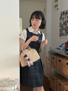 Cute College Style High Waist A-Line Dress Cotton Gingham Print round Neck Zipper Closure Sleeveless Midi Dress for Adults