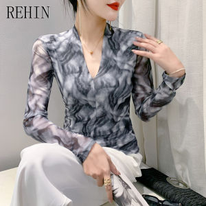 REHIN New autumn V-neck fashion printed mesh long-sleeved t-shirt slimming fit and versatile basic blouse for women