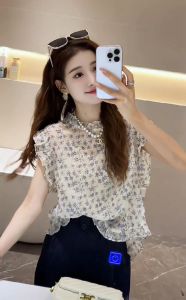 เสื้อเชิ้ตแขนกุดลายดอกไม้สไตล์ฝรั่งเศสสำหรับผู้หญิงในช่วงฤดูร้อนปี 2024 เสื้อเชิ้ตแขนกุดแบบมีขอบลูกไม้สไตล์เกาหลี