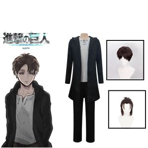 Eren Jaeger คอสเพลย์อะนิเมะ Titan เครื่องแต่งกายวิกผมคอสเพลย์ Eren Yeager สีดํา Hooded Trench เสื้อยืดกางเกงเสื้อผ้าฮาโลวีน