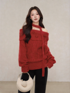 YIKEXIAOYEMEI | Áo Len Knit Trễ Vai Màu Đỏ