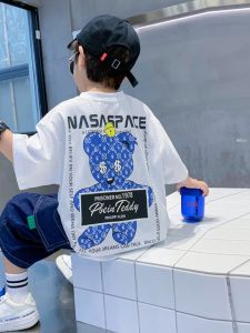 Áo Thun Cotton Tay Ngắn Cho Bé Trai Cổ Tròn in Hình Gấu Hoạt Hình Mùa Hè Thoáng Khí Thoải Mái Mặc Thường Ngày Cho Trẻ Em