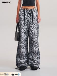 SMFK | Retro Leopard Print Washed Mid-Low Waist Wide Leg Straight Casual Pants