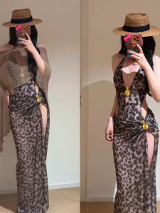 HAYOU | Leopard Print High Slit Slimming Swimdress Bikini for Hot Springs