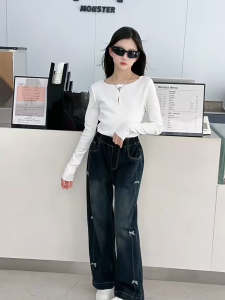 7-15 ขวบ กางเกงยีนส์เด็กผู้หญิง กางเกงเด็กผู้หญิง เอวยางยืด ขากว้าง การออกแบบโบว์ สีเข้ม เวอร์ชั่นเกาหลี แฟชั่น 130-160cm