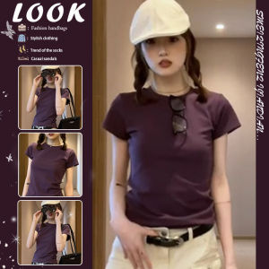 American Style Pure Cotton Shoulder Purple Short Sleeve T-shirt Womens Summer New Small Shirt Stylish Niche Style Silm Short Top Women