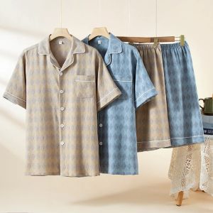 2026 New Summer Mens Pajama Set 100% Cotton Cotton Cardigan Short Sleeve Shorts Two Piece Set Loose Casual Wide Home Clothes