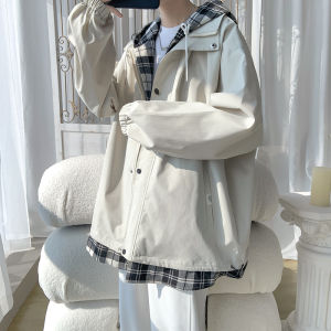 Oversize Plaid Hooded Jacket for Men Spring Autumn Workwear Polyester Youth Fashion Button Decoration Anti-Wrinkle