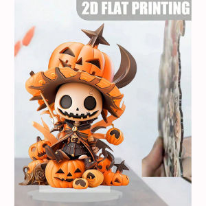 Halloween Pumpkin Skeleton Man 2D Flat Acrylic Figurine Home Office Cafe Room Studio Display Case Table Ornament Desktop Decor