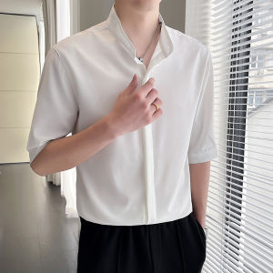 New Chinese Style Stand Collar Short Sleeve Shirt Mens Summer Thin Fancy Handsome Mens Cleanfit Shirt Coat