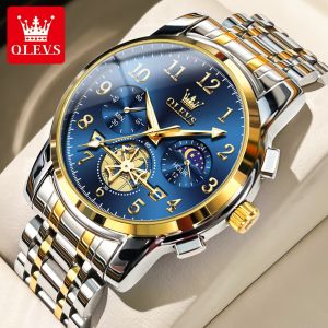 OLEVS watch for mens original product water proof stainless steel quartz relo luminous stopwatch skeleton digital dial fashion business watch for men
