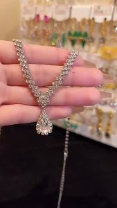 Fashion diamond-studded water drop tassel necklace earrings two-piece set