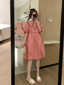 Pink Doll Collar A-Line Dress Womens Summer New Style plus Size Loose Slimming Short Height A-Line Skirt Korean Style High Waist Polyester Fiber