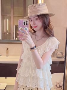YIKEMAI | Flirty Sleeve Lace Mesh Sweet Fashionable Womens Blouse