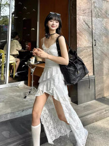 French Lace Irregular Waist-Cinching Summer Dress White Fairy