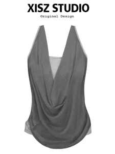 American Style Spicy Grey Neck Hanging Strap Vest Womens Spring Summer Shiny Sequins Fake Two-Piece Slim Sleeveless Top