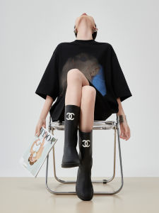 XIAODADEHUA | Loose Black Printed Round Neck Short Sleeve T Shirt Dress