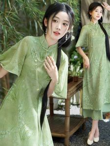Young Womens Green Cheongsam Mini Dress Chinese Style Summer Evening Gown Small Size Elegant Daily Fashion Ethnic Wear