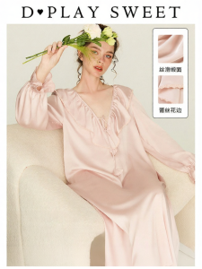 Ruffled V-Neck Long-Sleeved Lingerie Dress