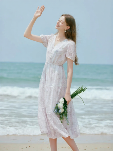 XIANGYING | Purplish Floral V-Neck Summer Beach Holiday Dress