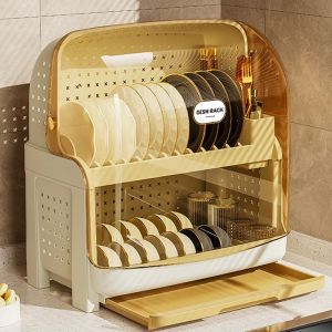 Kitchen Multi-Function Double Layer Storage Rack Dishware Organizer Dustproof Water Drainage Bowl Spoon Cover Lid Shelf