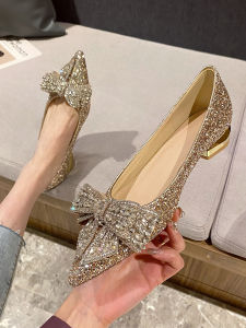 Champagne Color Low Heel Wedding Shoes Women Flat Bottom French Style Rhinestone Butterfly Knot Bride Shoes Elegance Dress Pointed Toe Thick Heel Single Shoes